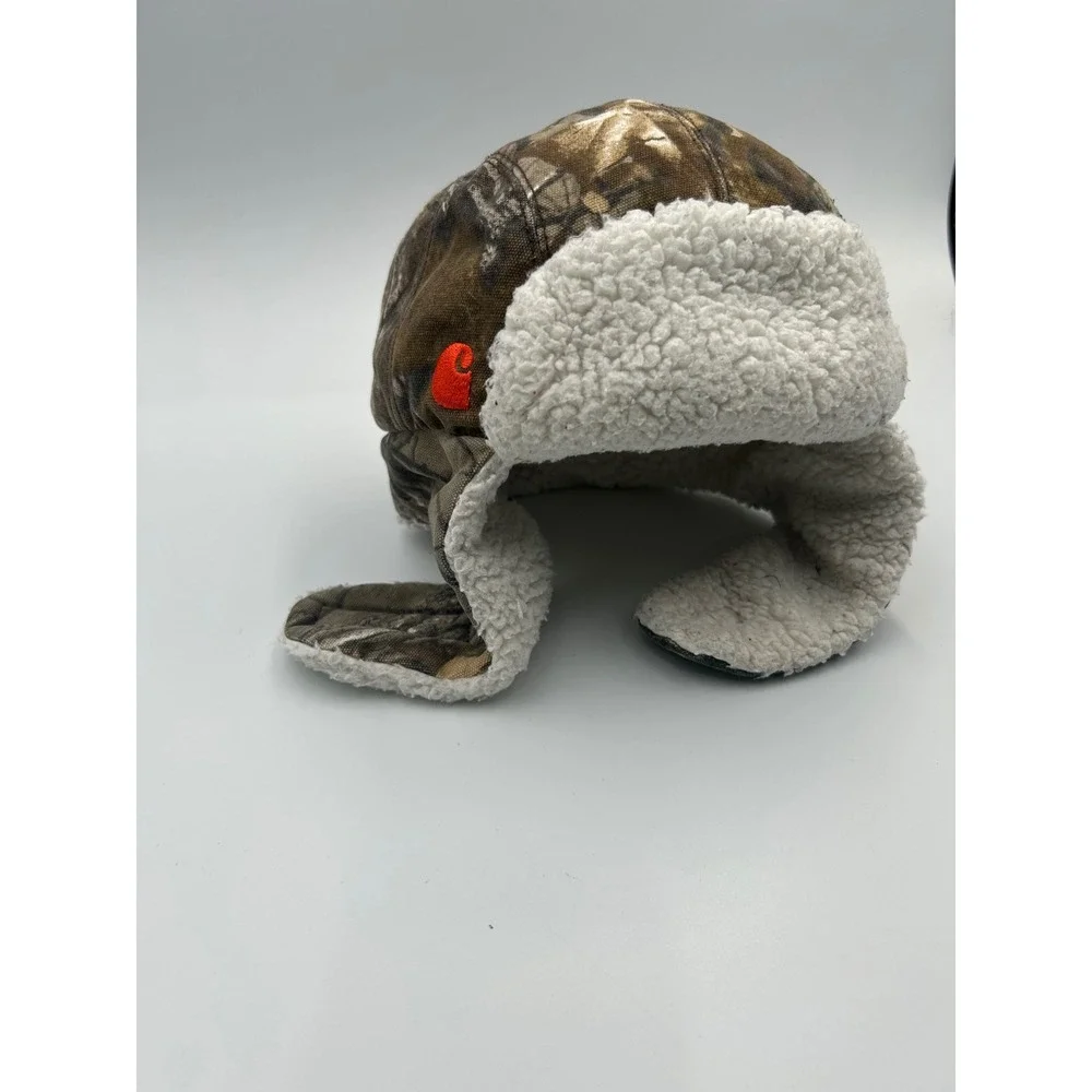 Carhartt Infant Toddler RealTree Camo Sherpa Lined Trapper Hat Brown Orange Logo
